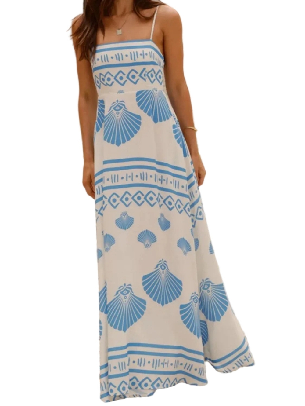 Coastal Seashell Side Pocket Sleeveless Smocked Back Island Beachy Maxi Dress - Picture 9 of 13
